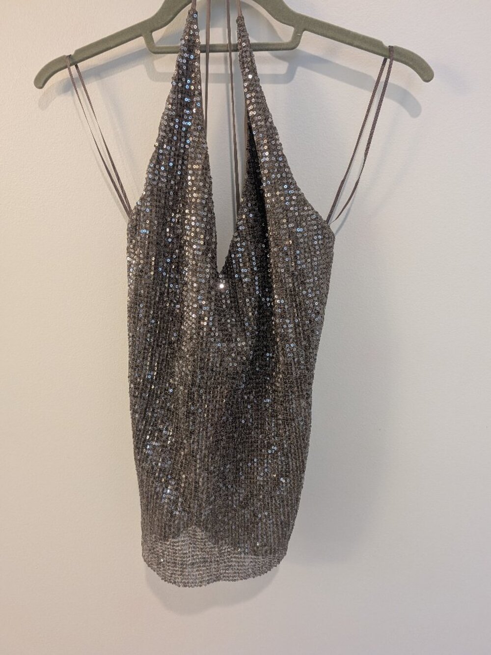 Express Silver Metallic Sequin Cowl Neck Halter Top Size S